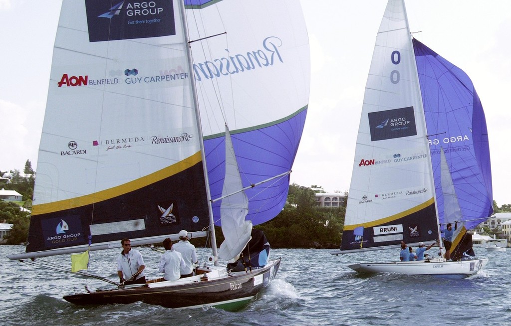 Argo Group Gold Cup - Match Racing Championship - Bermuda.<br />
Day 4 Francesco Bruni (ITA) leads Mathieu Richard (FRA) in Quarter-final action in the 2011 Argo Group Gold Cup. They are tied 2-2 and will decide who moves into the Semi-finals in flight 5.<br />
Credit: Talbot Wilson/RBYC/PPL<br />
 © Talbot Wilson